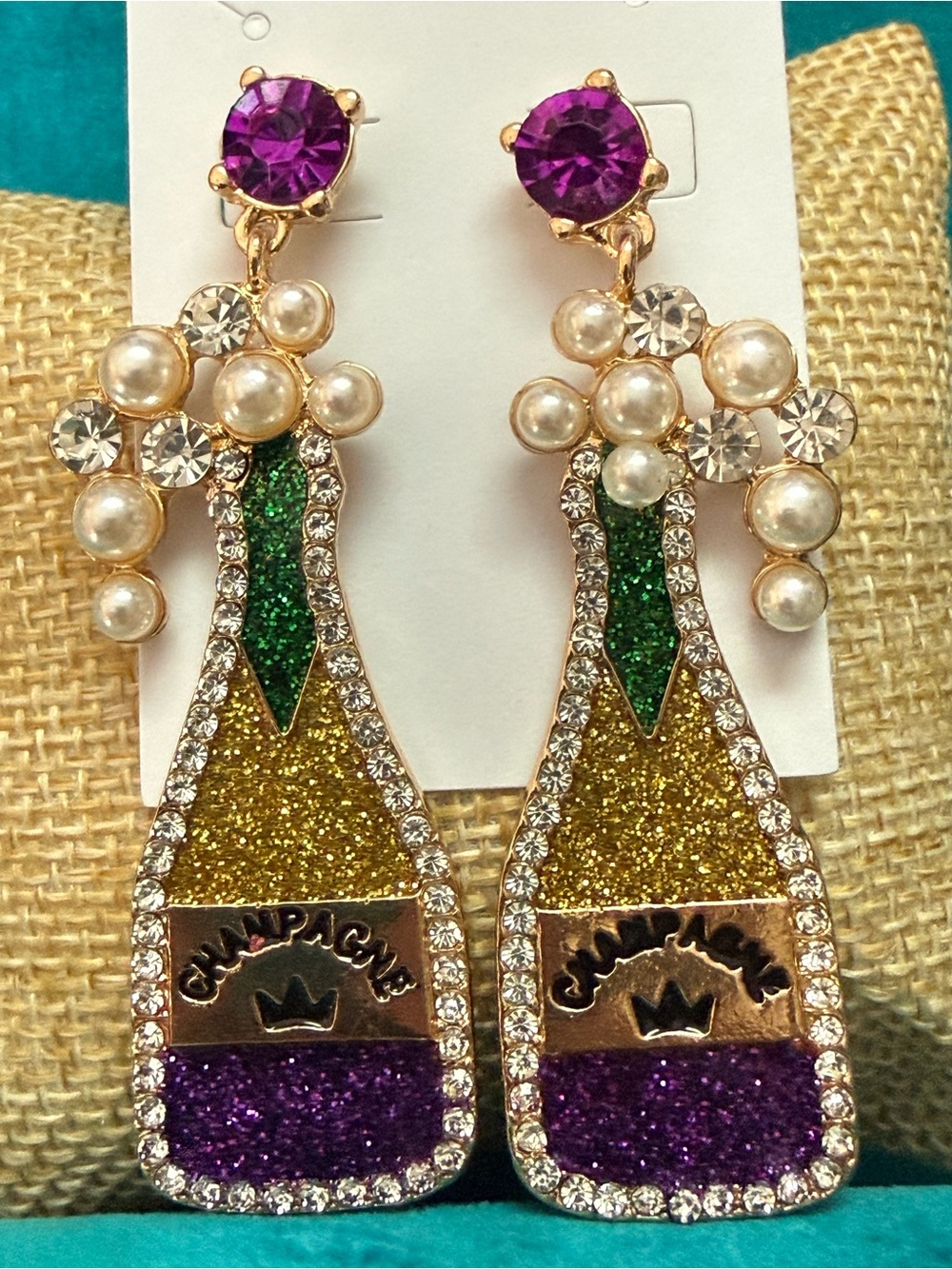 Mardi Gras Purple Green Gold Champagne Bottle Drop Earrings NEW